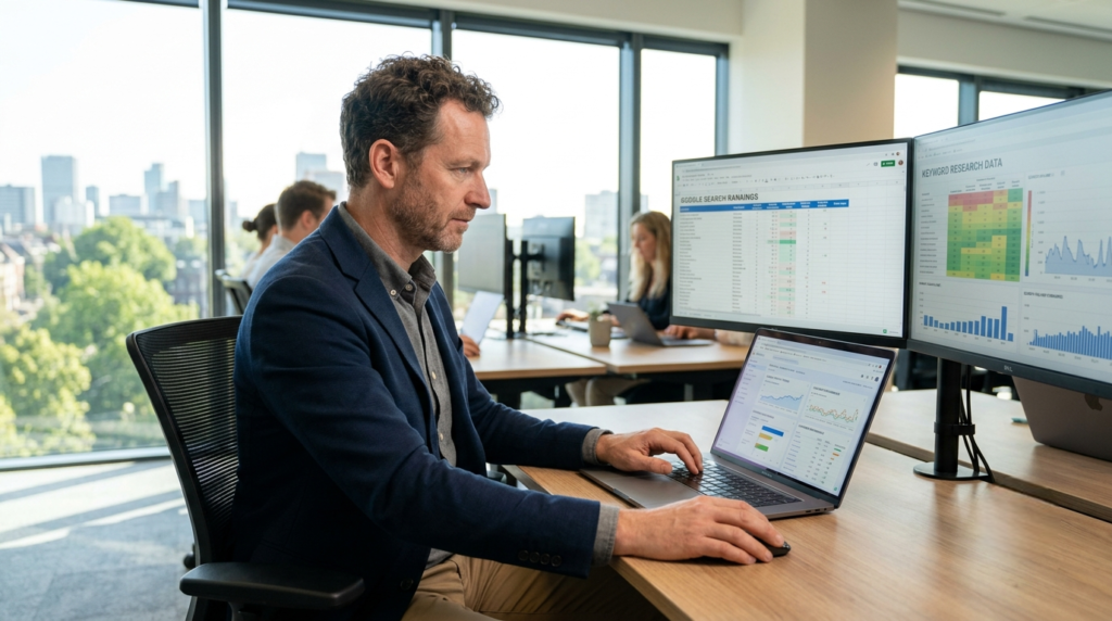 seo expert professional workspace with analytics dashboard